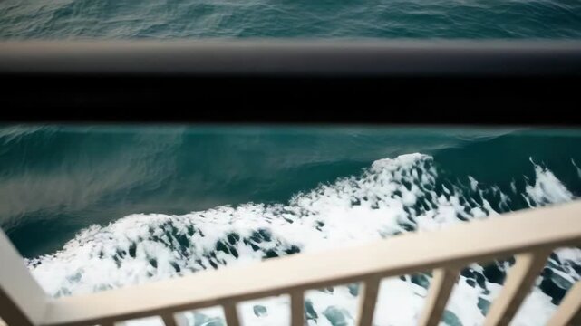 Cinematic triptych showing a view from a ship's deck looking down at the ocean wake. Deep blue sea waves and white foam for a travel or journey concept