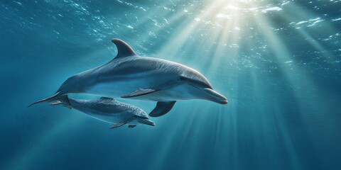 Fototapeta premium Majestic underwater scene featuring a mother dolphin swimming gracefully with her calf in crystal clear blue ocean waters illuminated by sunlight rays