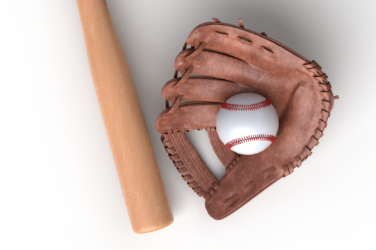 3D Baseball wooden bat and leather glove and ball with line of red lace stitches mockup, isolated. Perfect for sports promotions, athletic branding, team posters, training materials, baseball-themed