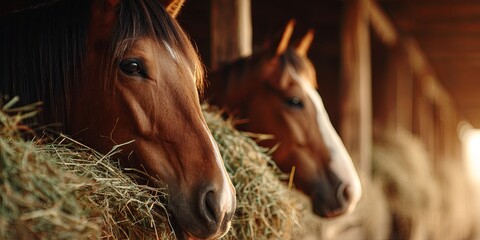 Close-Up of Horses in a Stable Eagerly Eating Hay at Sunrise, Beautiful Equine Background with Soft Lighting and Lush Green Pastures Nearby
