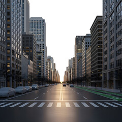 Empty modern downtown city street perspective surrounded by tall skyscrapers at sunset isolated PNG with Transparent Background