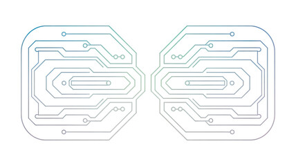 Dual-Core Futuristic Circuit Panel featuring a perfectly symmetrical left-right electronic layout, neon cyan-blue gradient circuit paths, high-tech motherboard-style architecture
