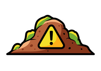 Cartoonish Pile of Dirt with a Yellow Warning Sign Embedded