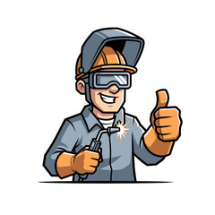 Fototapeta premium Smiling Welder Giving Thumbs Up with Protective Gear and Welding Torch