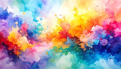 Abstract explosion of vivid watercolor paint, blending and blooming across the image in a joyful display
