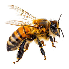 Detailed close-up photograph of a common striped honey bee insect for nature and agriculture isolated PNG with Transparent Background