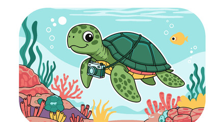 Adventurous Retro Beach turtle explores vibrant coral reefs with its vintage camera
