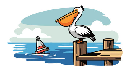Quirky Retro Beach illustration pelican on pier, buoy in tranquil sea