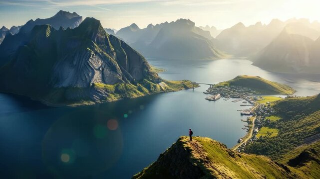 Adventurous hiker standing on a mountain top overlooking the famous lofoten islands in norway. Breathtaking panoramic view of reine village and the fjord during a beautiful sunrise