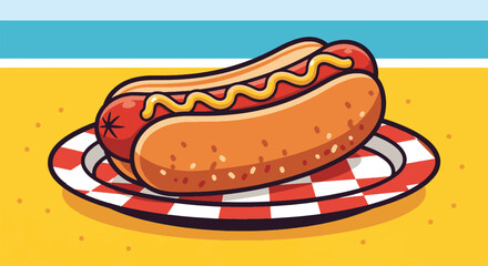 Vibrant Hot Dog on Checkered Plate at Retro Beach - A Classic Summer Snack Illustration