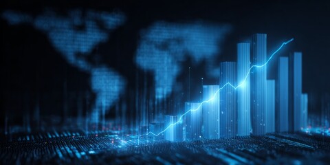 Abstract financial growth chart with glowing blue bars and line against a dark world map background