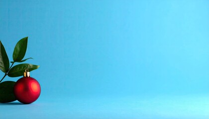 Red ornament and green leaves on vibrant blue background