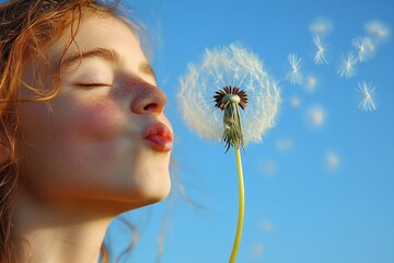 person with red hair blowing dandelion seeds against a bright blue sky, whimsical hopeful moment