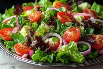 Bright fresh mixed green salad with halved cherry tomatoes, red onion rings and red leaf lettuce on a plate, vibrant and appetizing