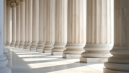 View along a row of ornate white marble columns, sunlight
