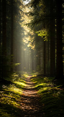Fototapeta premium Explore the serene woodland path: sunlit forest trail for nature lovers and hiking enthusiasts