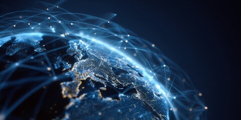 Glowing Digital Globe with Network Connections and Data Stream on Blue Background