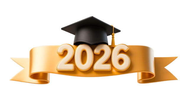  3D Render Graduation Cap and Golden Ribbon Banner with Year 2026 Isolated on White
