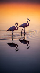 Naklejka premium Beautiful flamingo birds in water reflection photography wildlife nature sunset scene art print