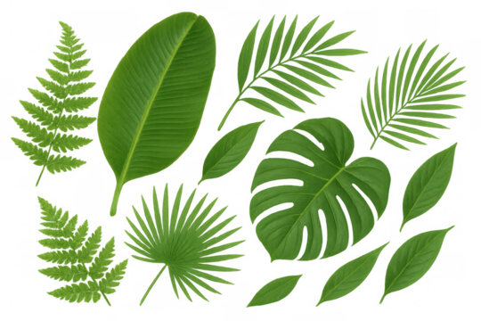 Tropical green leaf collection featuring monstera, fern, banana and palm leaves on transparent background for design - Powered by Adobe