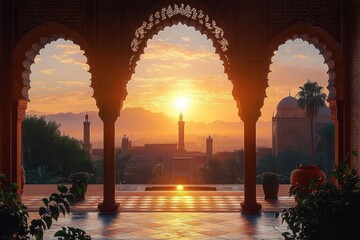 Golden sunset through ornate arched colonnade overlooking courtyard and reflecting pool, silhouetted minarets and dome, palm trees and distant mountains, serene peaceful mood