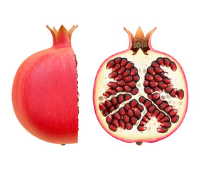 Whole and cross-section view of fresh ripe pomegranate fruit showing seeds isolated PNG with Transparent Background