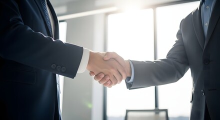 Close-up of two businessmen shaking hands in a modern office with natural light.