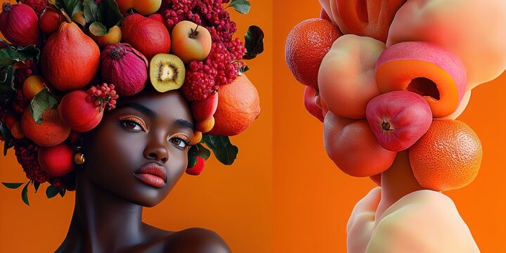 Two stylized busts wearing elaborate fruit and abstract organic headdresses against a bright orange backdrop, vibrant surreal playful mood