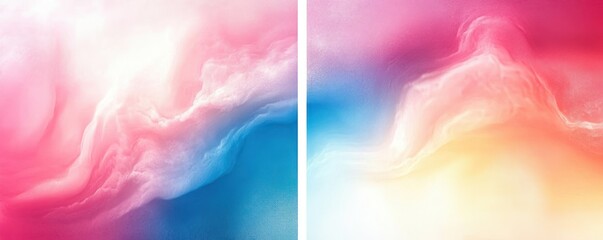 diptych of soft pastel cloudlike swirls in pink, blue and peach with flowing gradients and grainy texture conveying a calm, dreamy and uplifting mood