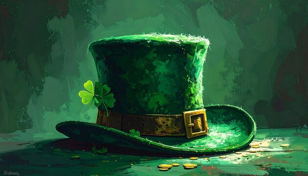 A vibrant, textured artwork depicts a verdant, tall hat adorned with a four-leaf clover, resting above scattered gold coins - Powered by Adobe