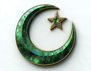 ornate green marble crescent and five-pointed star with gold edging on a clean white background, elegant and serene emblem