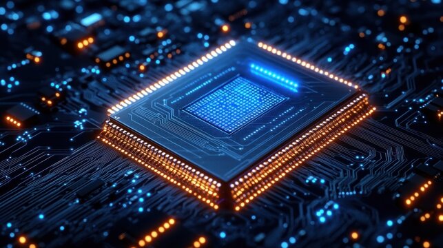 Glowing central microchip on a circuit board with blue and orange lights and intricate traces, evoking futuristic high-tech energy