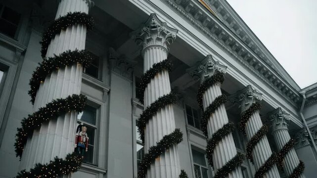 Low angle view of a classical building decorated for the winter holidays. Festive garlands with lights wrap around large white columns and a nutcracker stands in a window