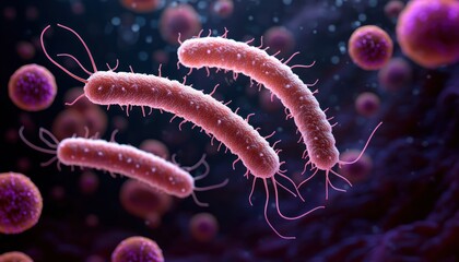 Three elongated rod-shaped bacteria with trailing flagella and fine pili drifting among floating spherical cells in a dark high-magnification scene with a tense, otherworldly mood
