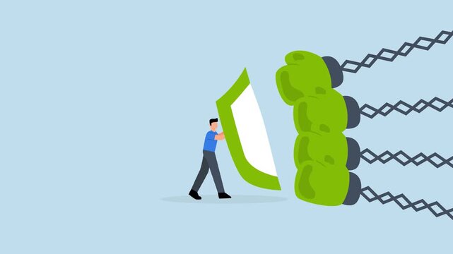 Business threat - Business threat, 4k animation Businessman wields shield to battle several attackers blows.
