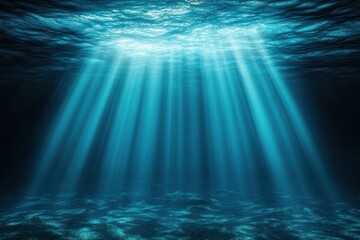 Ethereal turquoise ocean interior with sunbeams penetrating water to reveal rippled sandy seafloor, calm and mysterious atmosphere