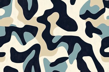 soft abstract camouflage pattern of organic navy, beige, and muted blue shapes on a cream background conveying calm modern rhythm