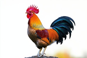 Fototapeta premium colorful rooster standing proudly with bright red comb, wattles, orange neck feathers and iridescent green-blue tail on a clean white background, alert and confident