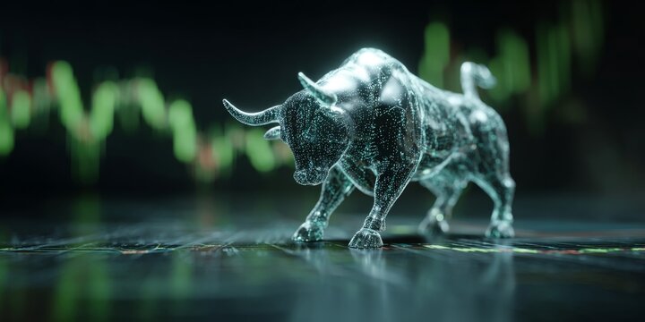 Bull Market Concept with Digital Bull Surrounded by Stock Market Graphs and Green Growth Arrows Representing Financial Success