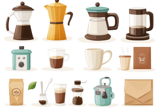 A collection of coffee brewing equipment and accessories. various styles like a French press. Moka pot. and coffee beans. set against a clean white background
