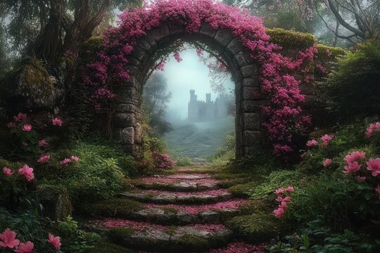 stone arch draped in pink blossoms over mossy steps leading down a flower-strewn path into mist toward a distant ruined castle, serene and enchanted mood