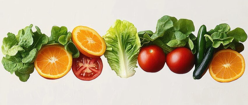 fresh vibrant row of leafy greens, romaine lettuce, halved oranges, tomato slices, whole tomatoes and small cucumbers on white background, bright and refreshing