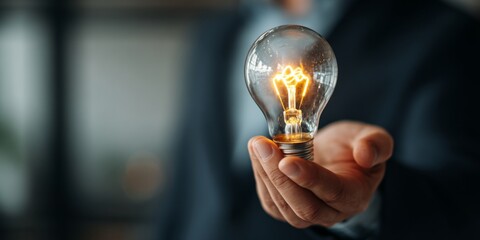 Business Professional Holding Light Bulb With Glowing Idea Concept in Modern Office Environment