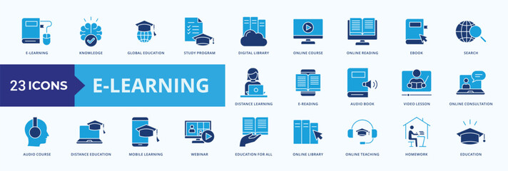 E Learning Icon Pack Illustration Vector Flat Blue Style