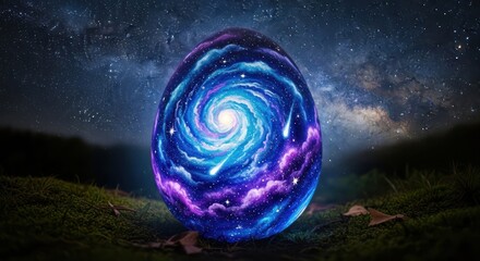 Mystical cosmic egg amidst a starlit landscape showcasing vibrant nebulas and celestial wonders