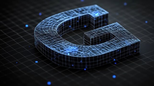 glowing blue wireframe horseshoe-shaped 3d block on dark digital grid, futuristic and high-tech mood