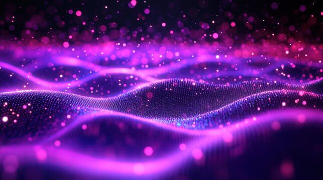 Glowing purple and pink particle waves rolling over an undulating digital mesh, dreamy futuristic energy and motion