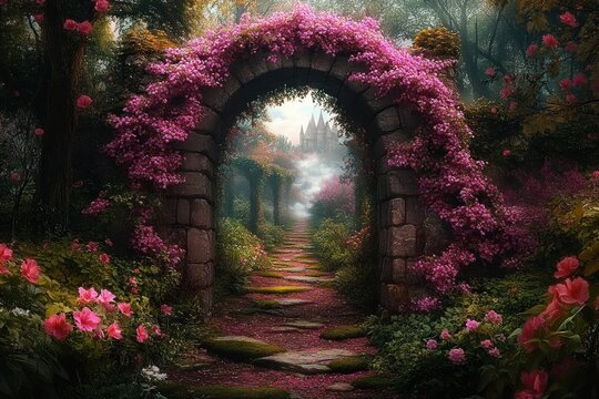 stone arch draped in pink blossoms opening onto a mossy stepping-stone path through a flower-filled forest toward a misty distant castle, an enchanted serene scene