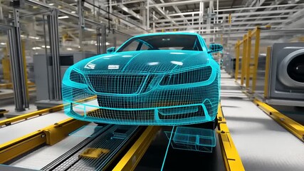 Futuristic car assembly line showcasing advanced technology and automation in a modern factory