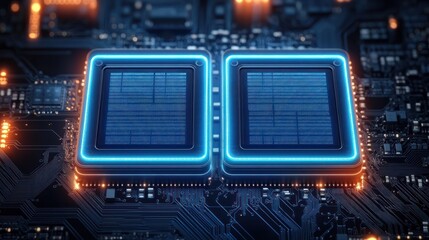 Dual glowing microchips mounted on a circuit board with neon blue edges and orange indicator lights, high-tech futuristic mood